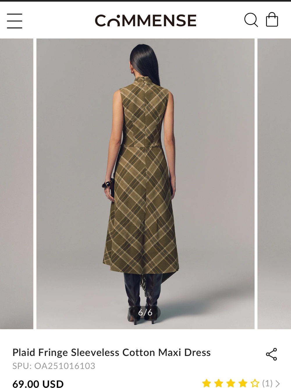 COMMENSE Olive Plaid Fringe Sleeveless Cotton Maxi Dress NWT size medium - Picture 4 of 7